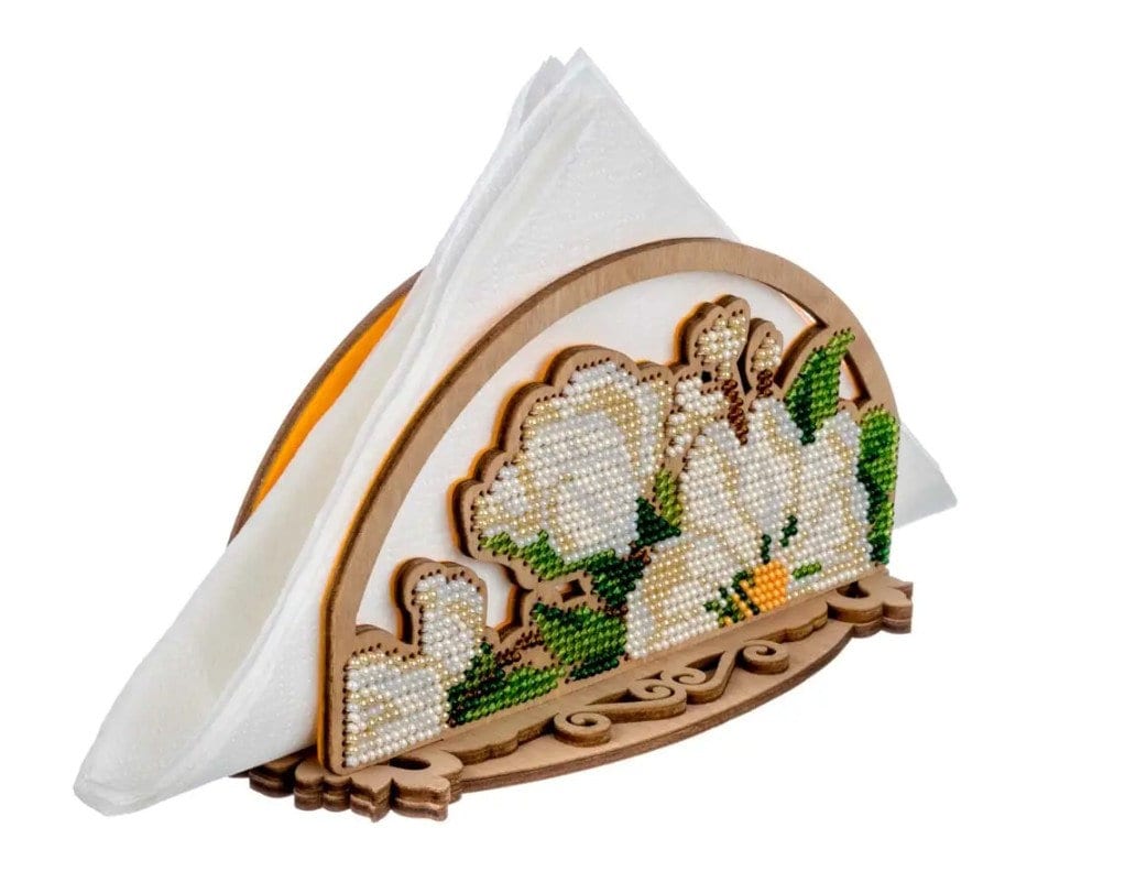 Tissue Holder DIY Bead Embroidery Kit: White Flowers  (6.1x3.5")