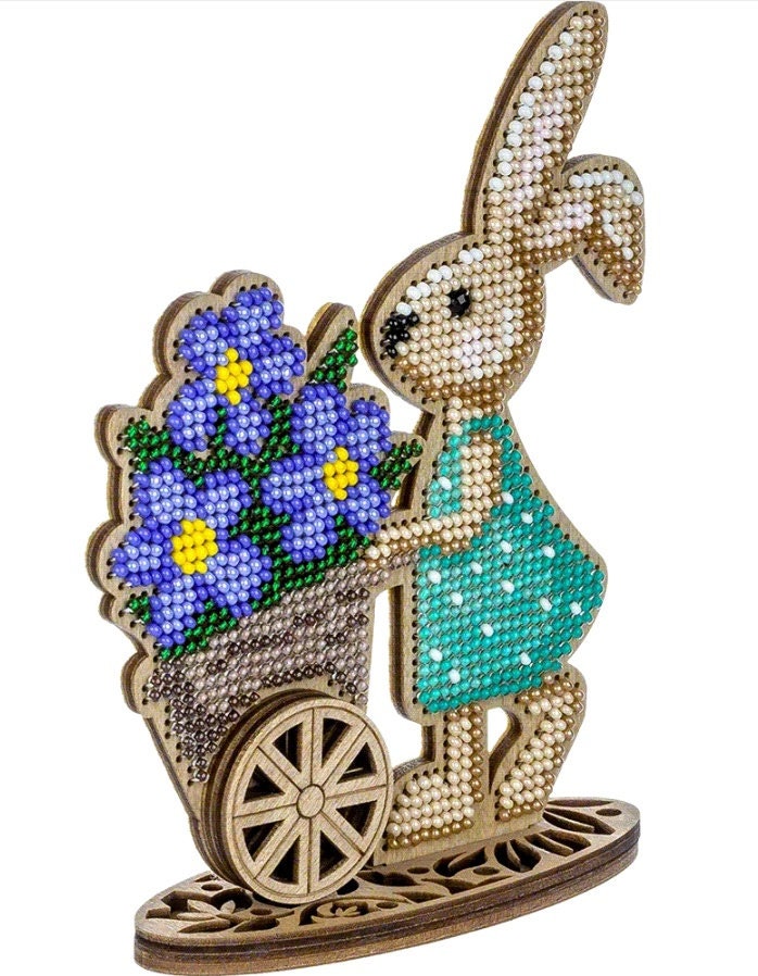 Bead Embroidery Kit: Easter Rabbit with Flower Cart DIY Craft on plywood base