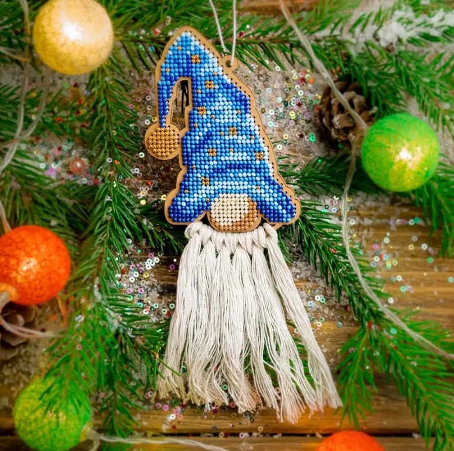 Bead Embroidery Kit on Wood: Gnome in Blue Hat, DIY Craft