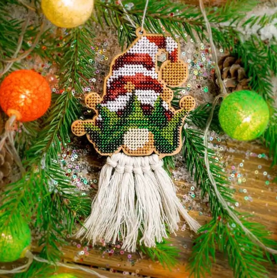 Gnome Bead Embroidery Kit on Plywood: DIY Craft (3.5"x4")