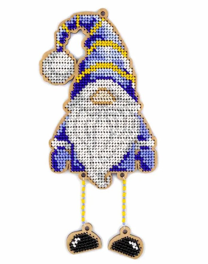 Bead Embroidery Kit On Wood: Gnome with Blue Hat (3.3"x7.7")