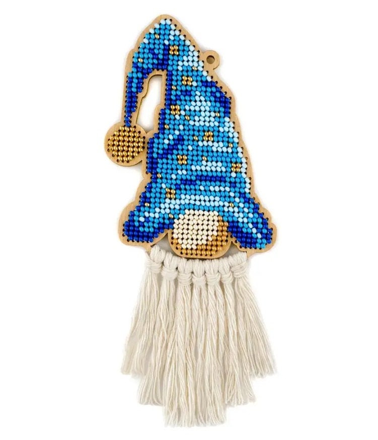 Bead Embroidery Kit on Wood: Gnome in Blue Hat, DIY Craft