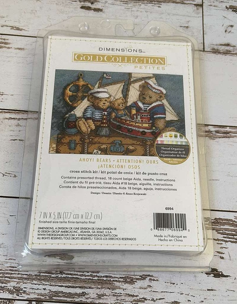 Dimensions Gold Collection Petites Ahoy Bears 6994, Counted Cross Stitch Kit, 18 Count Beige Aida