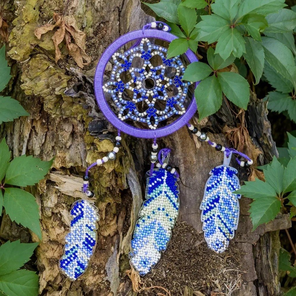 Blue Dream Catcher Bead Embroidery Kit: DIY Craft (3.9"x10")