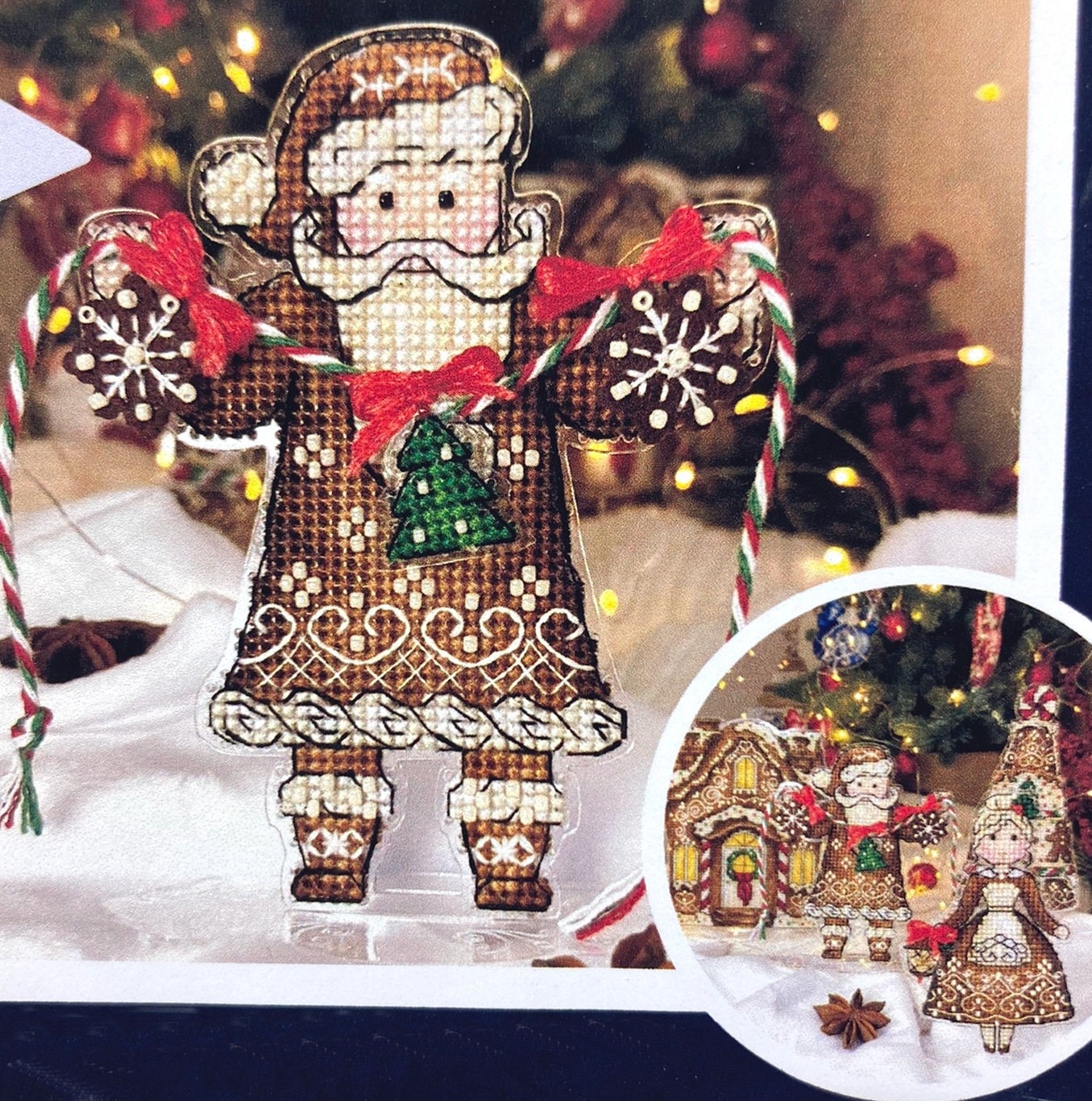 Cross Stitch Kit, Gingerbread Santa (Red Suit), threads, beads and decorative crystals