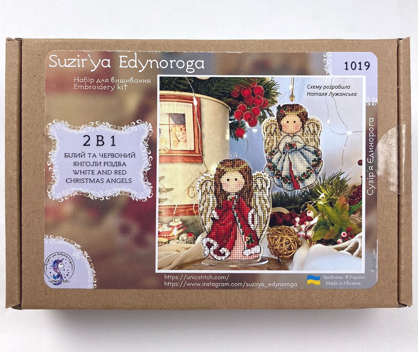 Unic Cross Stitch, Christmas Angels White and Red, set with threads, beads and decorative crystals.