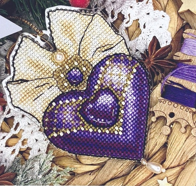 Bead and Cross Stitch Kit Purple Heart: Threads, Beads & Crystals DIY (8x9 cm)