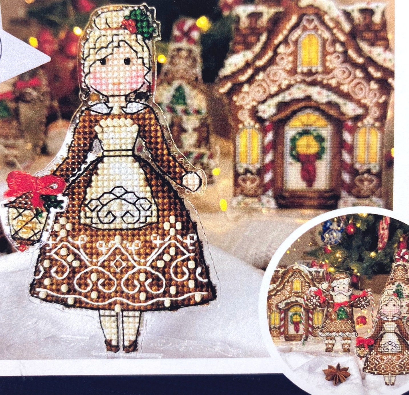 Cross Stitch Kit, Gingerbread MRS.Santa, threads, beads and decorative crystals