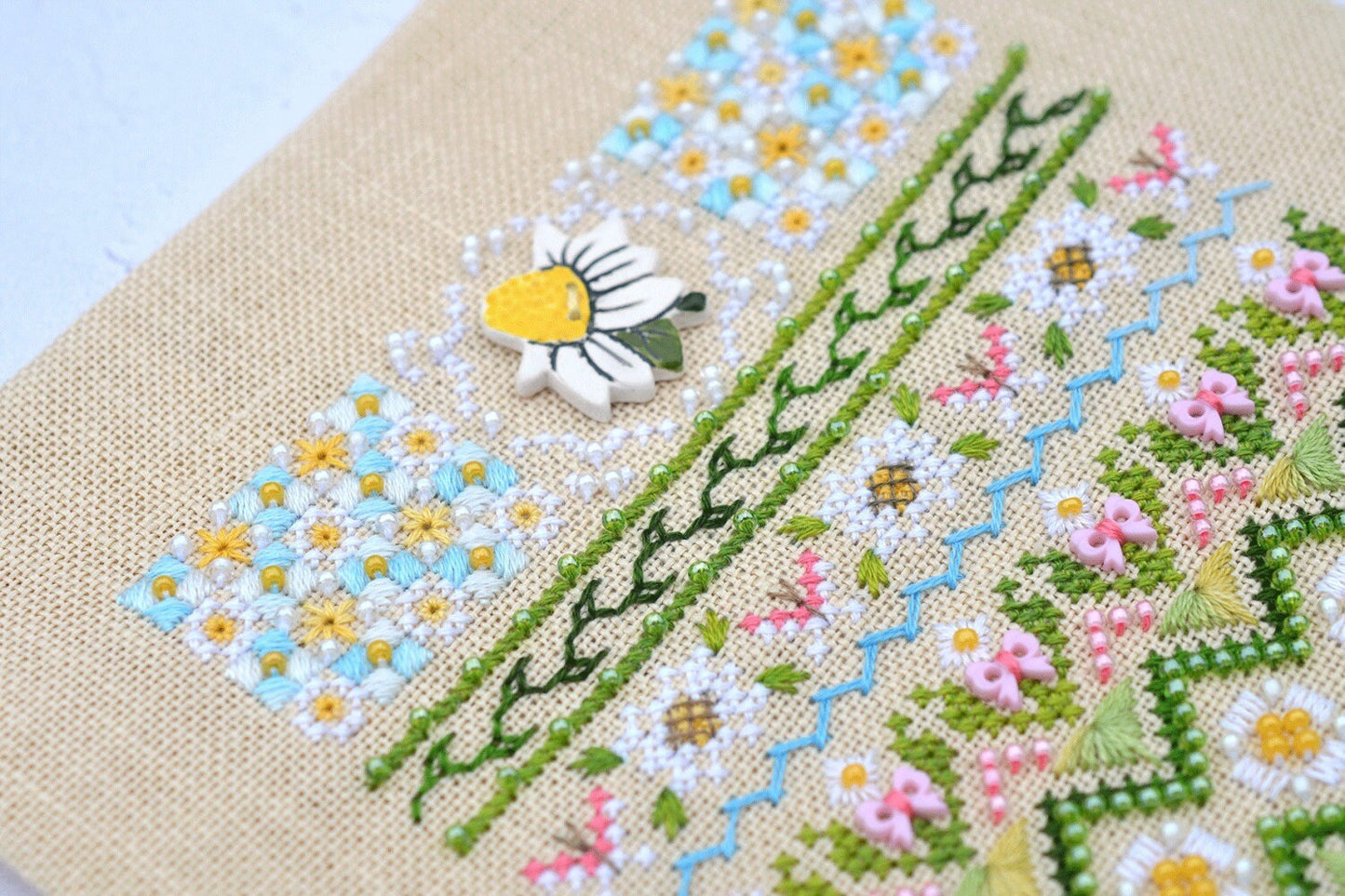 Chamomile Cross Stitch Kit, Floral Sampler: Hand-Dyed Threads, German Linen