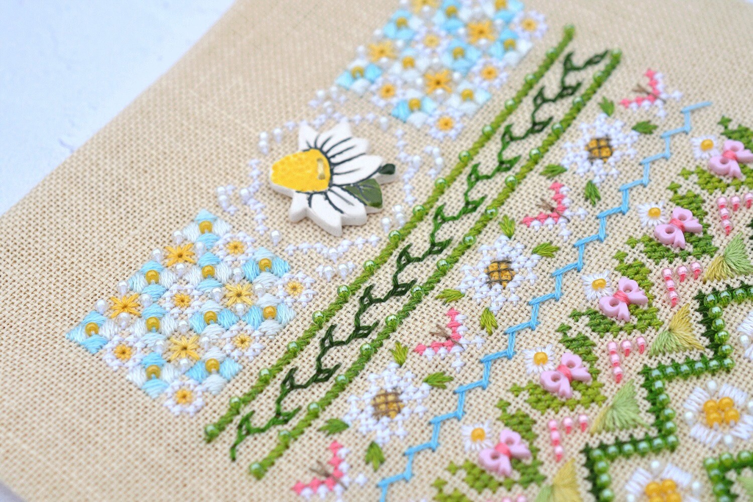 Chamomile Cross Stitch Kit, Floral Sampler: Hand-Dyed Threads, German Linen