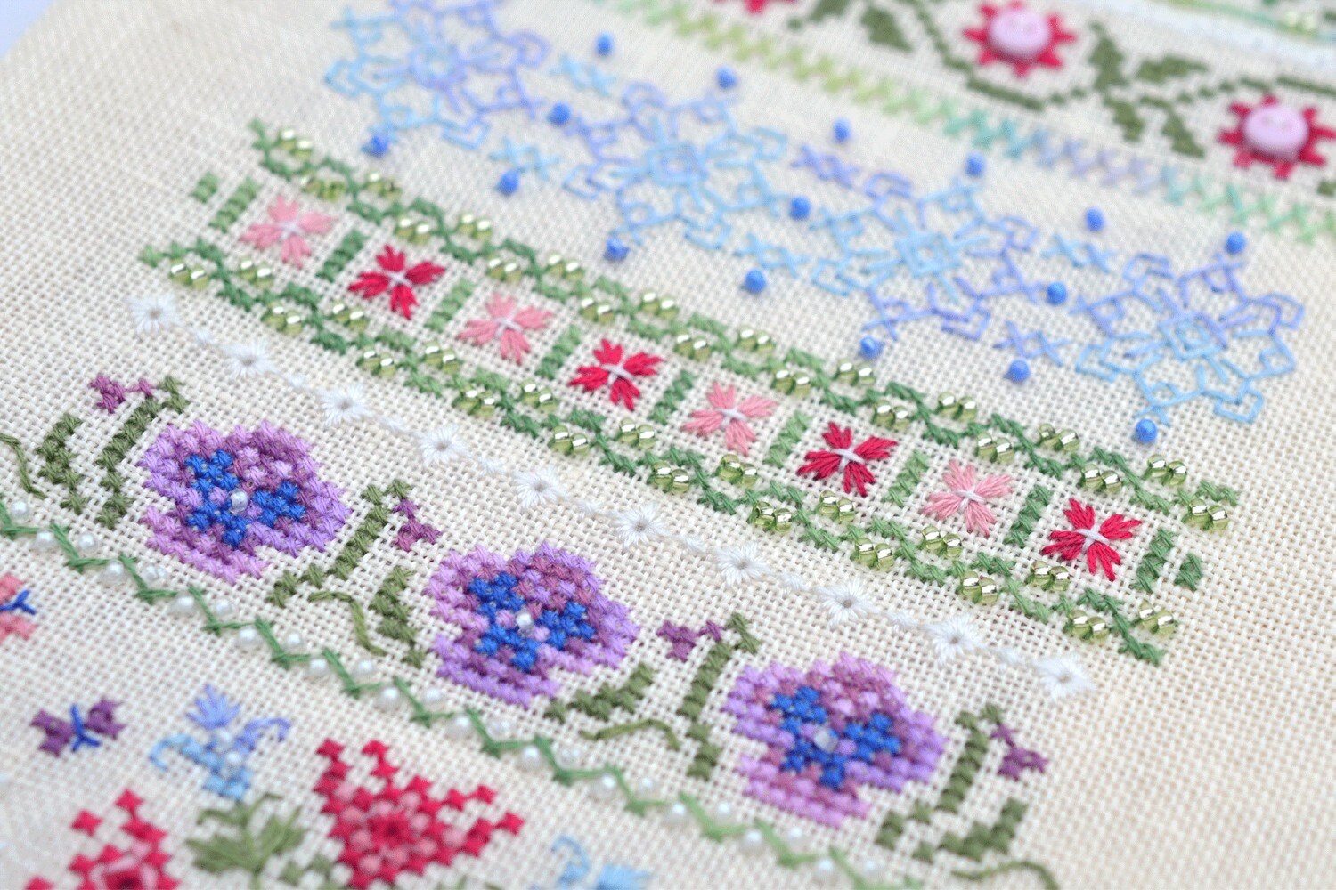 Spring Stitches Cross Stitch Sampler Kit: Floral Sampler, Hand-Dyed Threads, German Linen