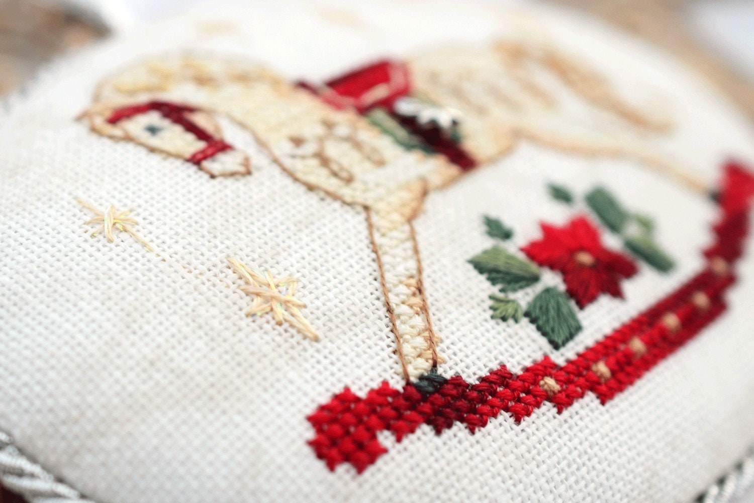 Cross Stitch Kit: Christmas Horse Ornament, Bead, Decorative Stitches, German Linen
