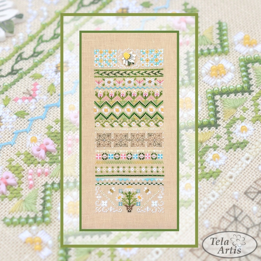 Chamomile Cross Stitch Kit, Floral Sampler: Hand-Dyed Threads, German Linen