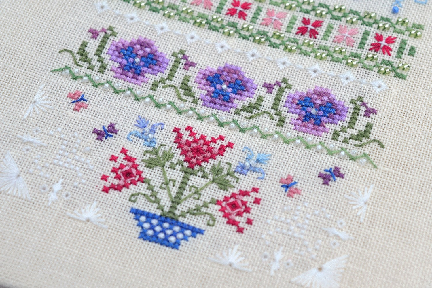 Spring Stitches Cross Stitch Sampler Kit: Floral Sampler, Hand-Dyed Threads, German Linen