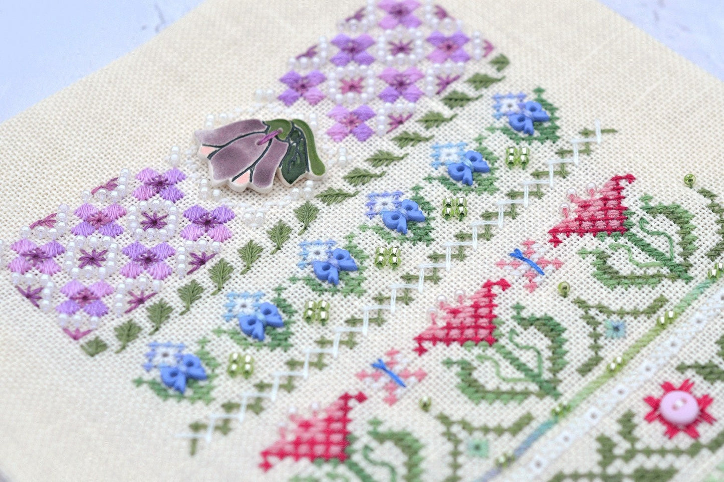Spring Stitches Cross Stitch Sampler Kit: Floral Sampler, Hand-Dyed Threads, German Linen