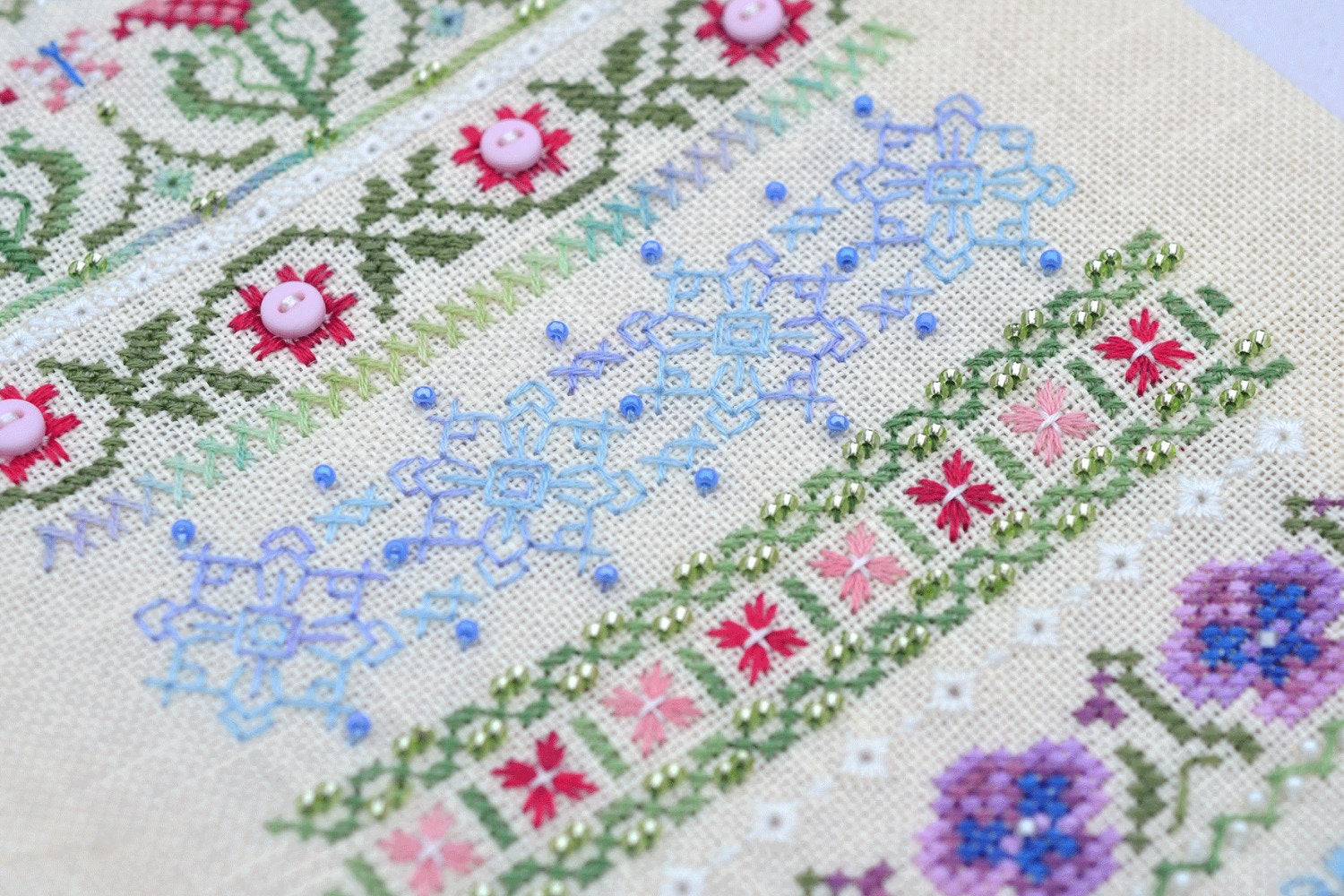 Spring Stitches Cross Stitch Sampler Kit: Floral Sampler, Hand-Dyed Threads, German Linen