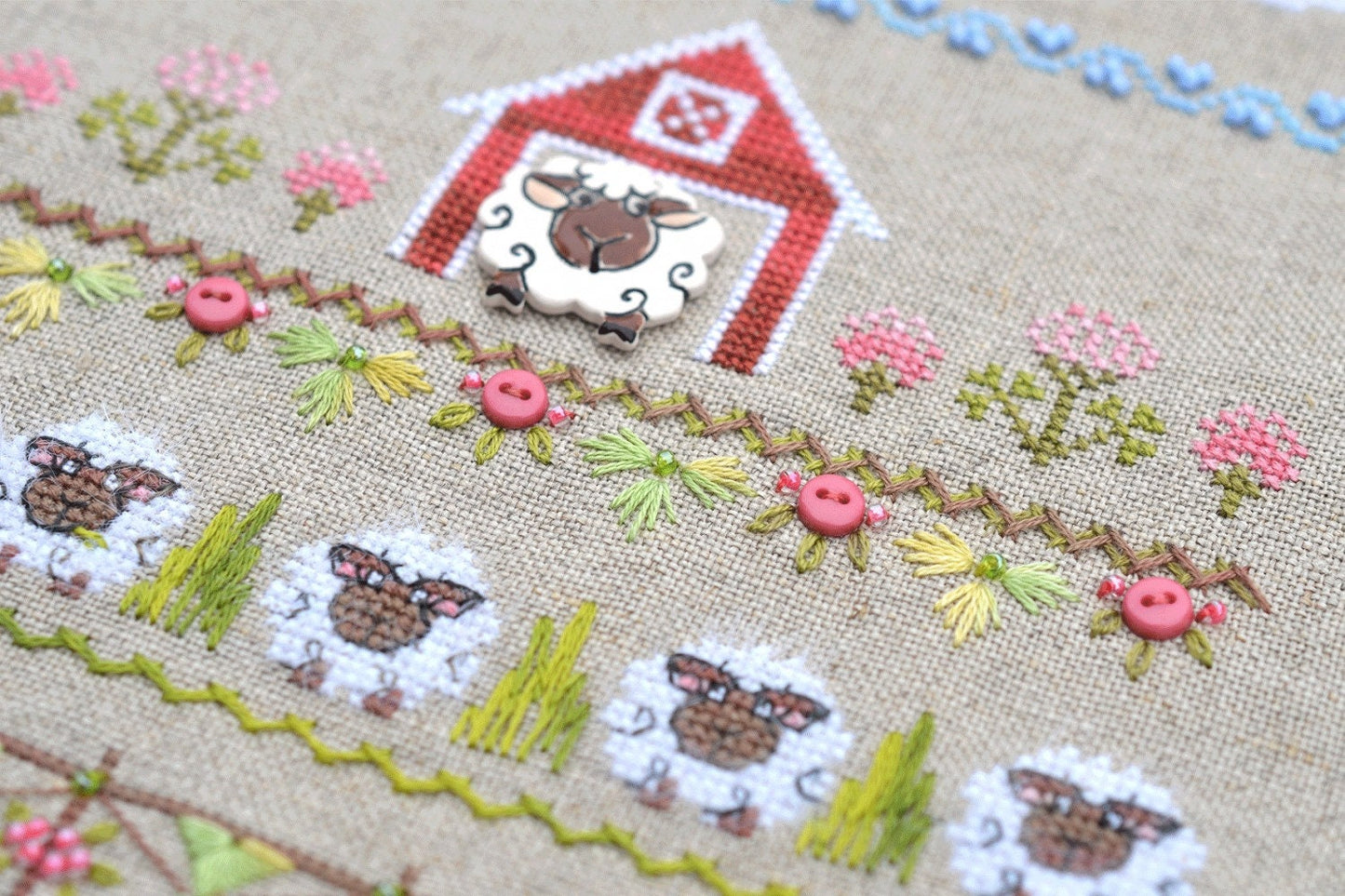 Fun Farm Sheep Cross Stitch Kit, Spring Sampler: Hand-Dyed floss, Linen canvas