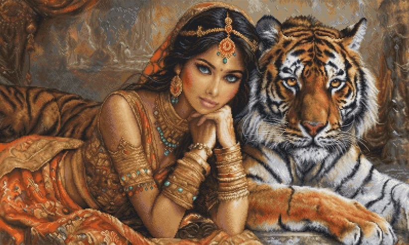 Luca-S Gold Counted Cross Stitch Kit, The Indian Princess and The Royal Tiger- DIY Kit, BU5060