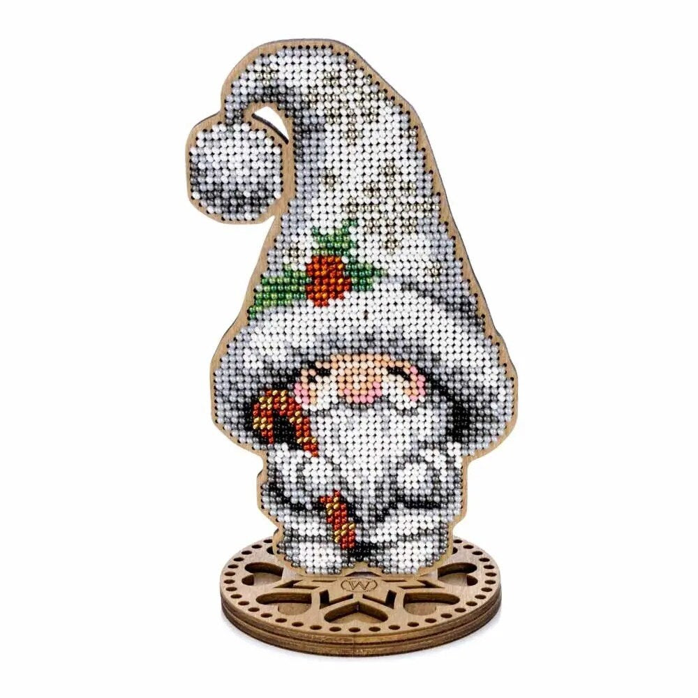 Gnome Bead Embroidery Kit on Wood:  big white Hat, DIY Craft (3.5"x5.9")