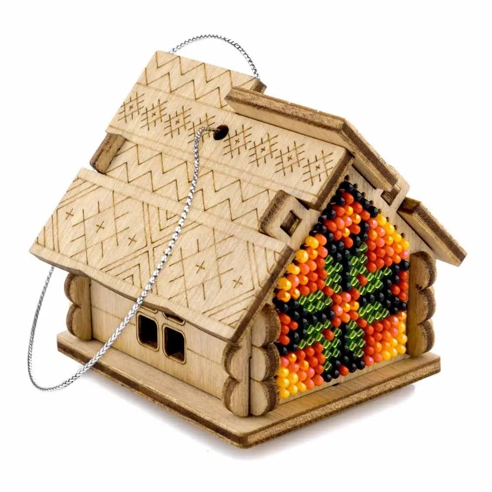 Bead Embroidery Kit on Wood: Fall House DIY Craft (LK-557)
