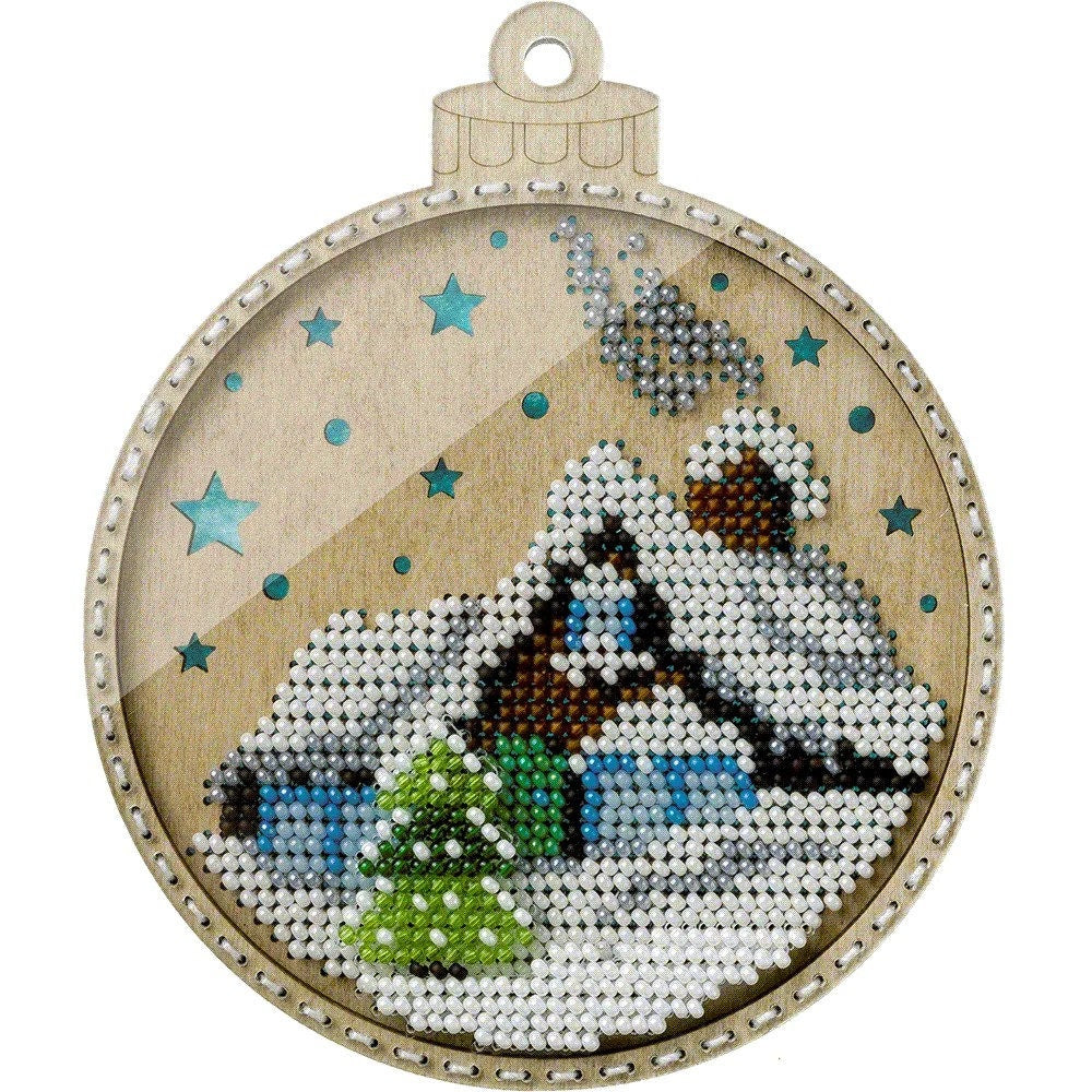 Bead Embroidery Kit on Wood, Snow House, LK-366 ( beads , thread, needle, plywood base included)