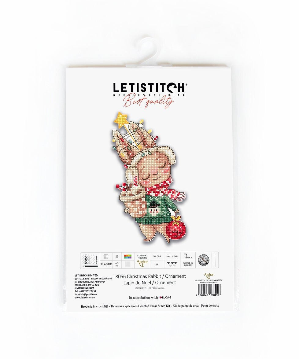 Counted Cross Stitch Kit LETISTITCH Christmas Rabbit Ornament L8056, plastic canva
