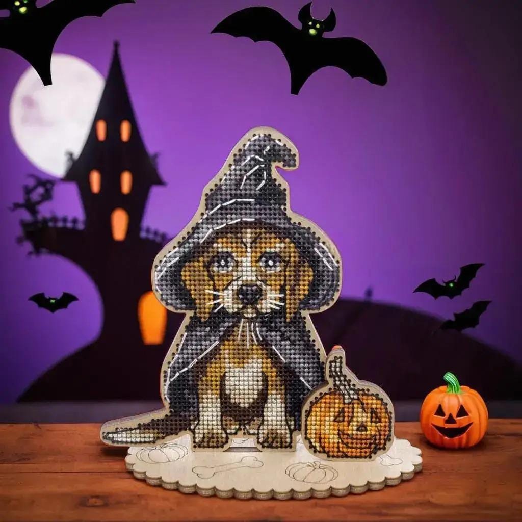 Halloween Cross Stitch Kit: Beagle Puppy Witch 3D Ornament