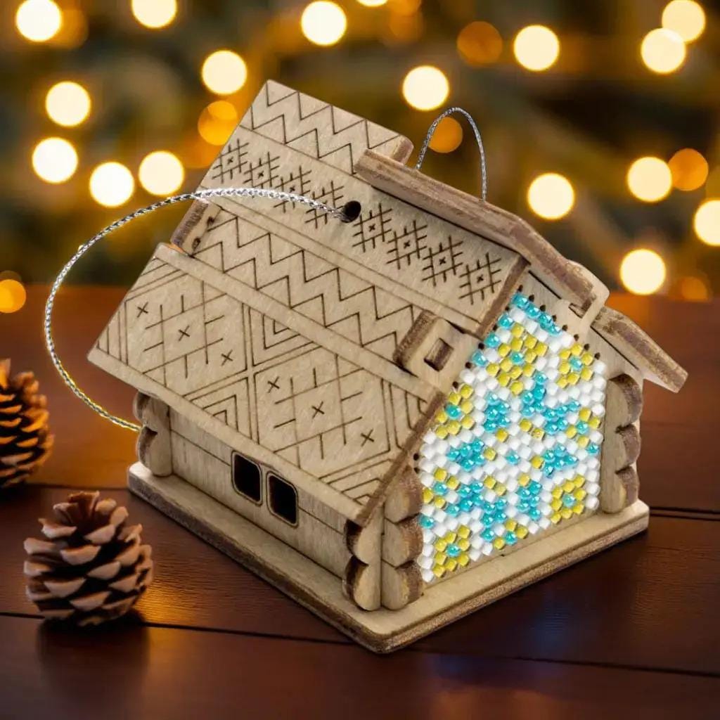 Bead Embroidery 3D Kit: Blue Ornament House on Wood, DIY Craft