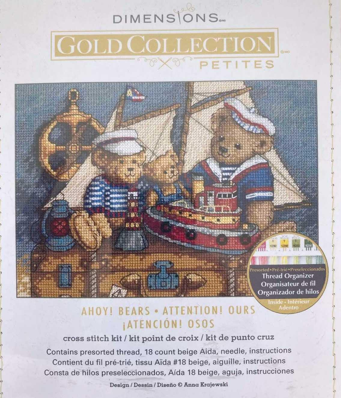 Dimensions Gold Collection Petites Ahoy Bears 6994, Counted Cross Stitch Kit, 18 Count Beige Aida
