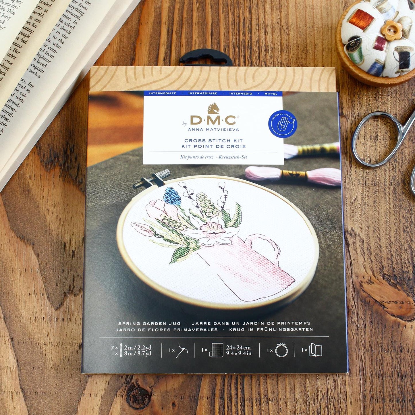 Spring Garden Cross Stitch Kit: Pink Floral Jug, 5.7" with Hoop, DMC, Aida 14