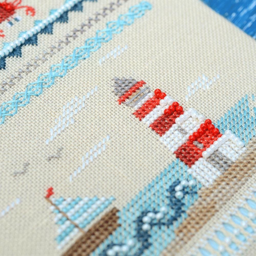 Sea Adventures Cross Stitch Kit: Nautical Sampler with Beads on Cashel Linen