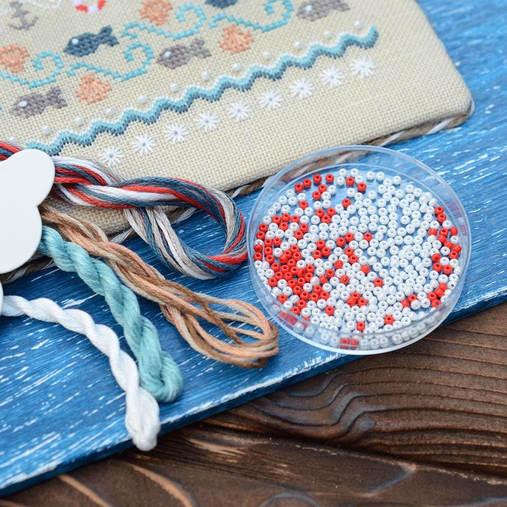 Sea Adventures Cross Stitch Kit: Nautical Sampler with Beads on Cashel Linen