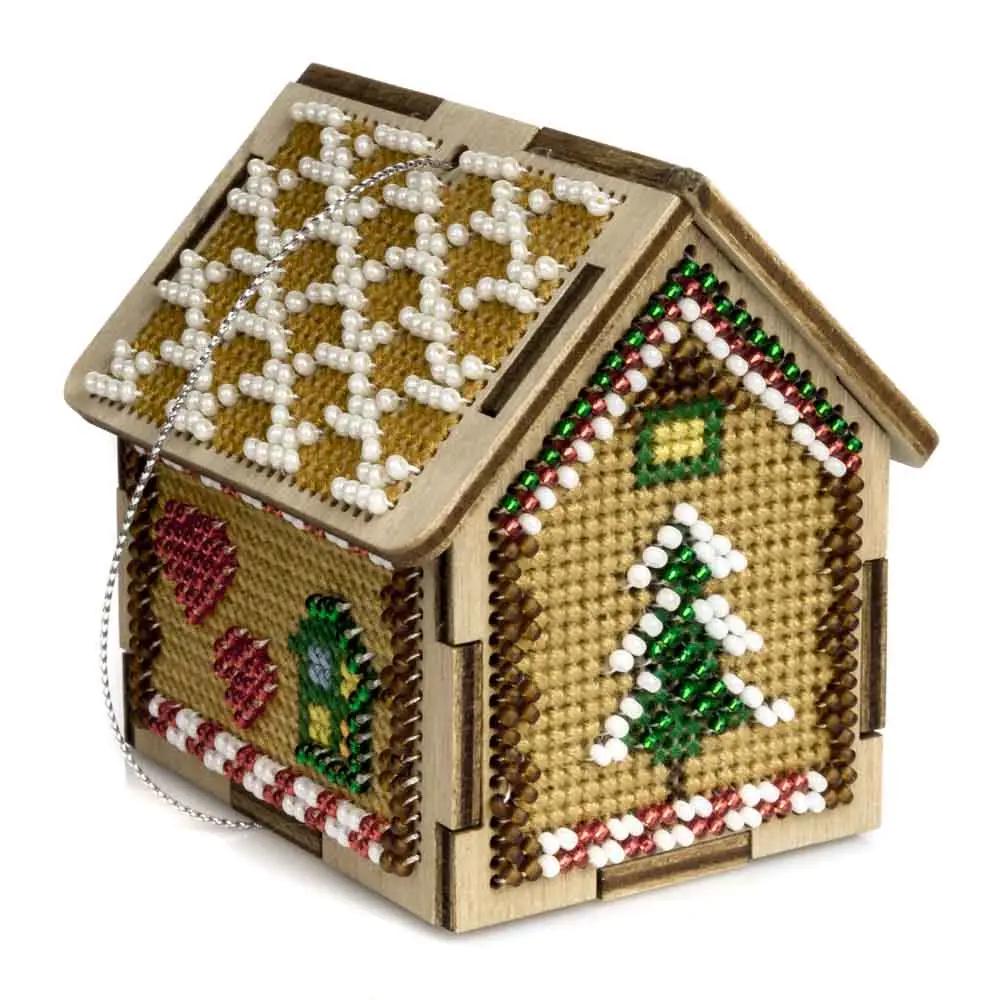 Winter House Bead Embroidery Kit on Wood: 3D DIY Craft (2.5x2x2.8")