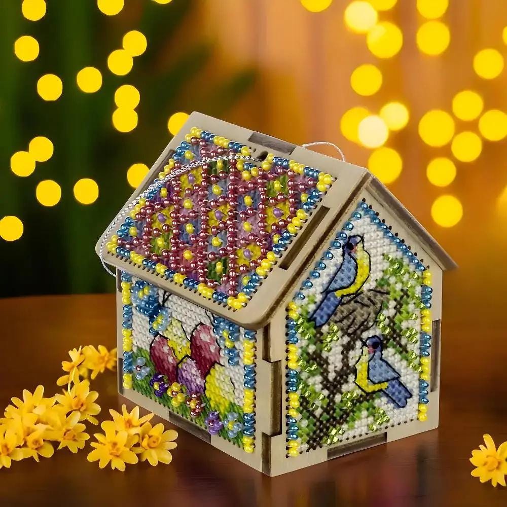 Beaded Spring Cottage Cross Stitch Kit 3D: DIY Wooden House Ornament