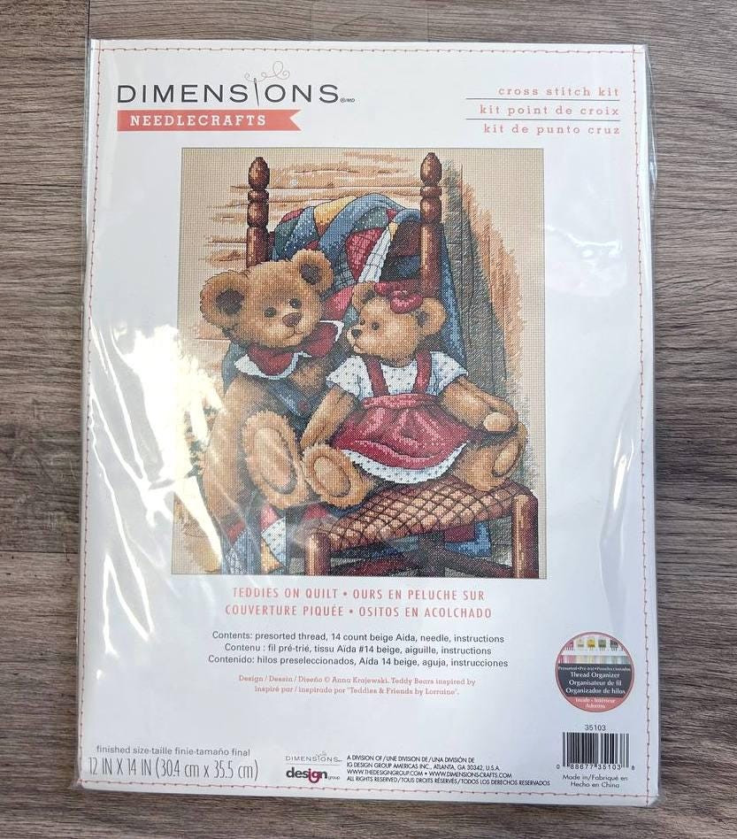 Dimensions Counted Cross Stitch Kit 12"X14", Teddies on Quilt (14 Count),35103