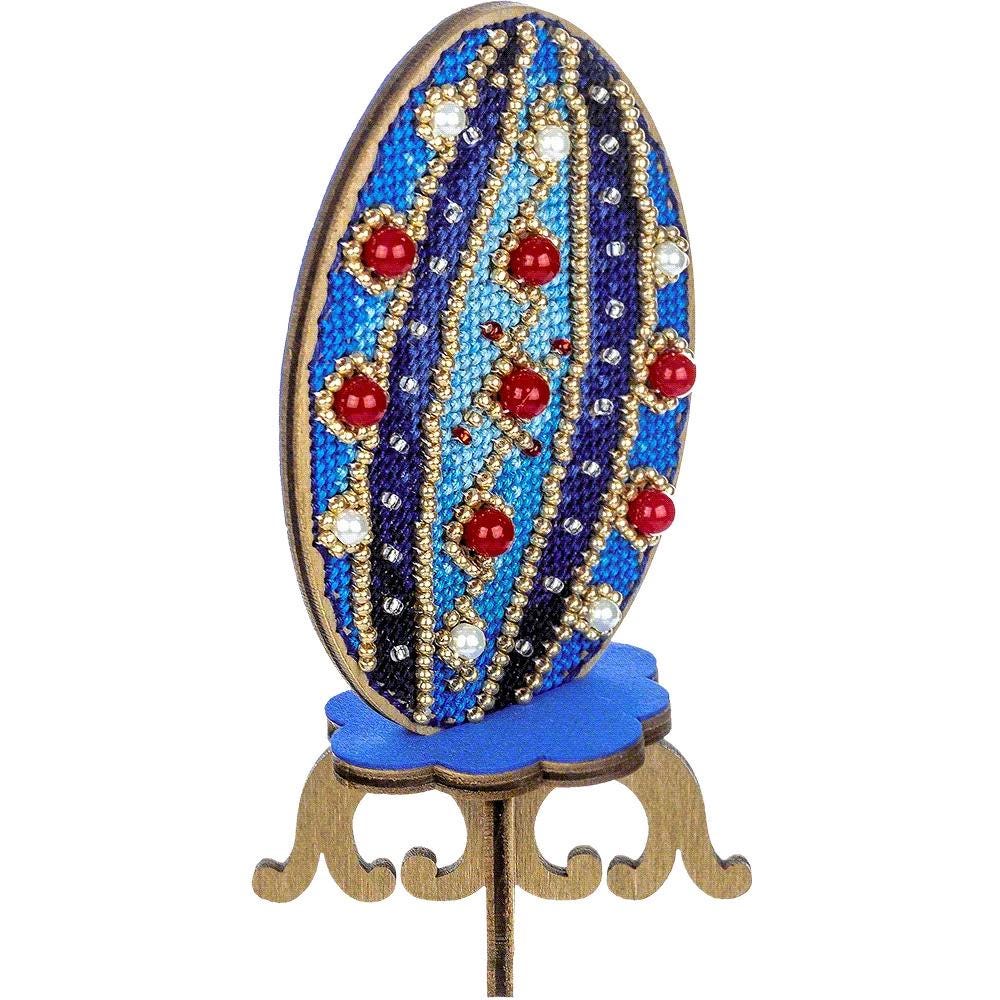 Easter Egg Cross Stitch Kit on Wood – Beaded Blue Ornament – DIY Elegant Spring Decoration – LW-037
