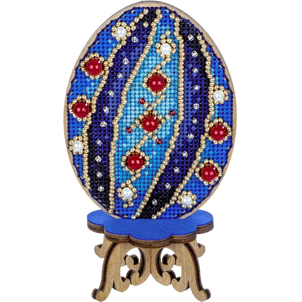 Easter Egg Cross Stitch Kit on Wood – Beaded Blue Ornament – DIY Elegant Spring Decoration – LW-037