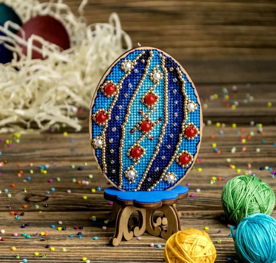 Easter Egg Cross Stitch Kit on Wood – Beaded Blue Ornament – DIY Elegant Spring Decoration – LW-037