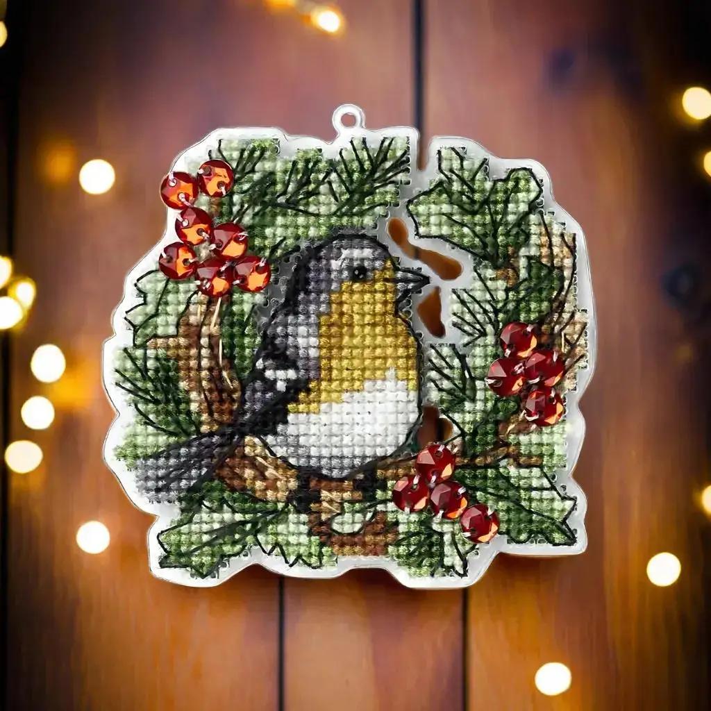 Christmas Tree Cross Stitch Kit, Bird Wreath Ornament, Fast DIY