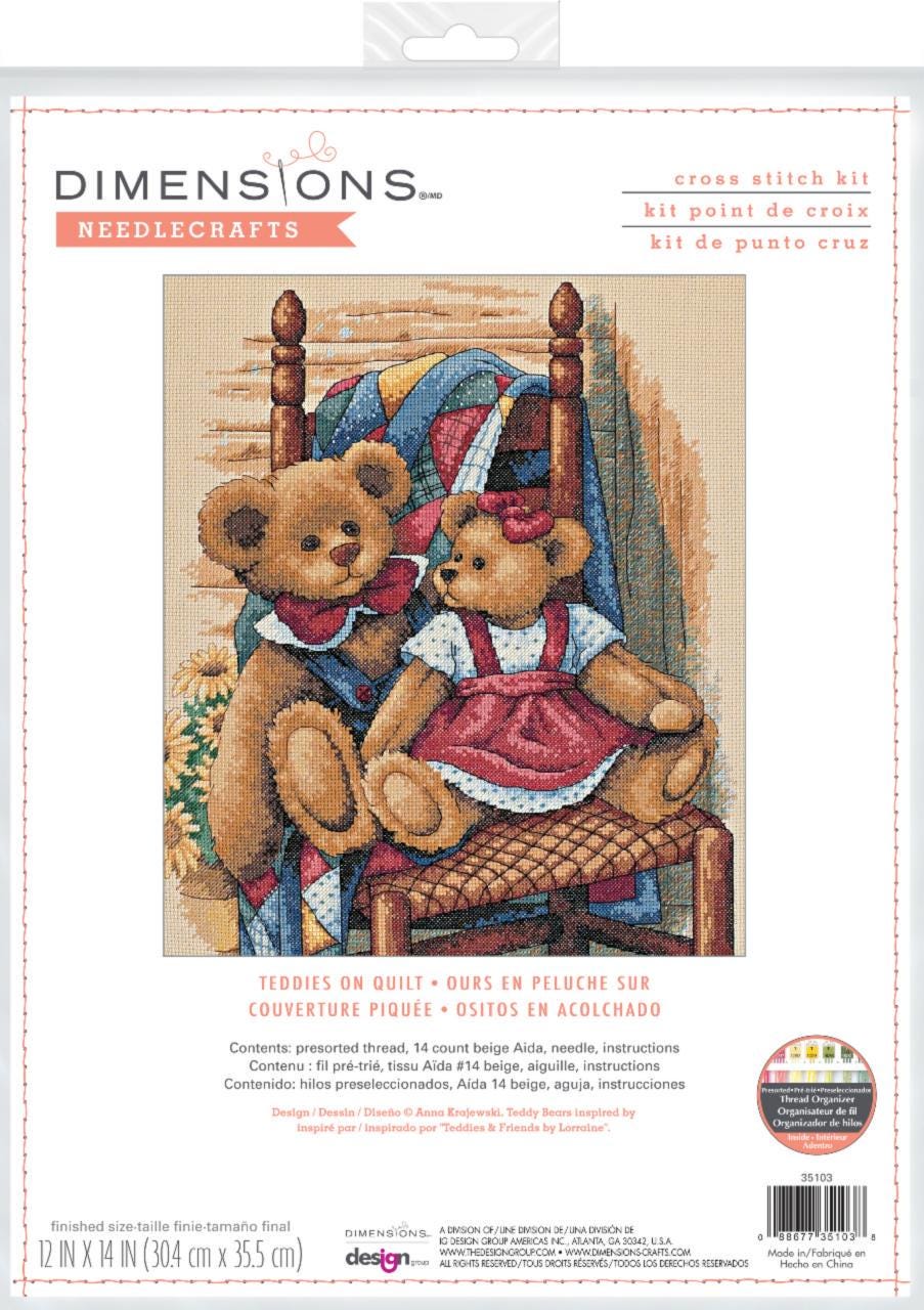Dimensions Counted Cross Stitch Kit 12"X14", Teddies on Quilt (14 Count),35103