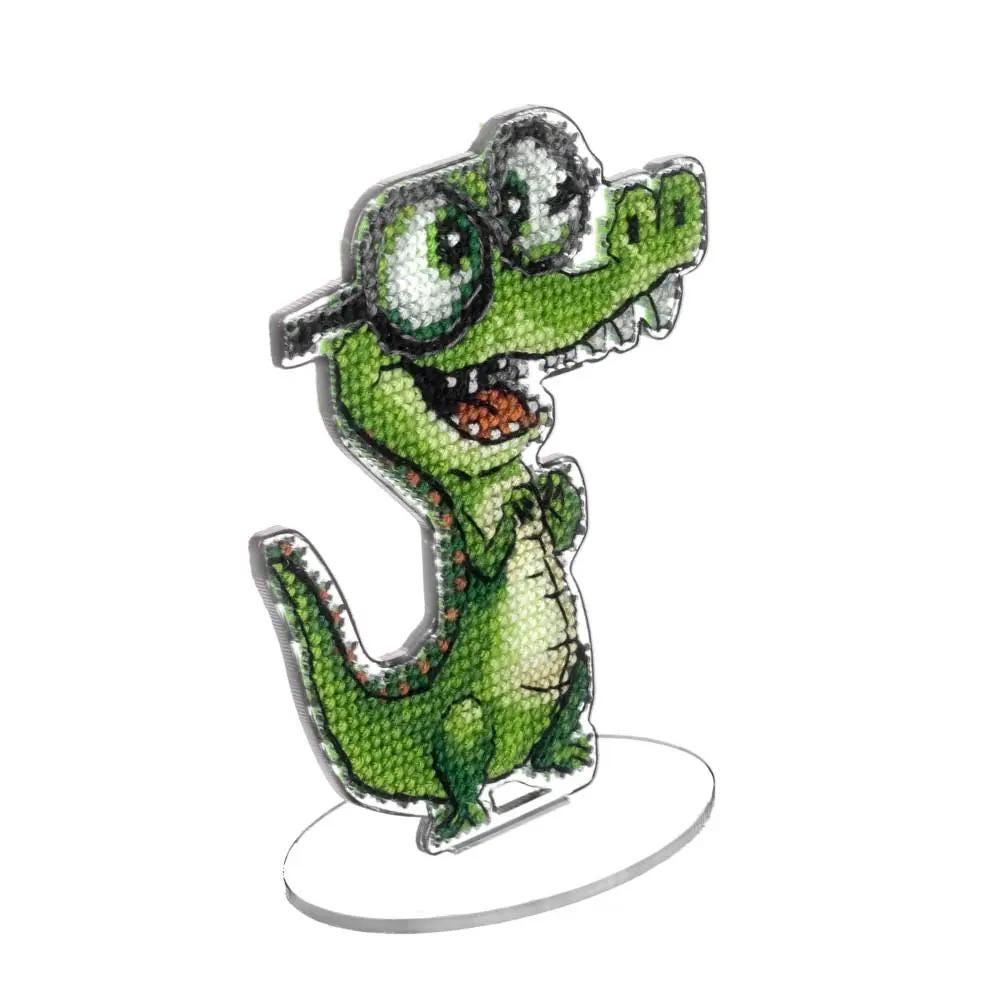Funny Crocodile Cross Stitch Kit, Geeky Gator: DIY Cartoon Ornament on Plastic