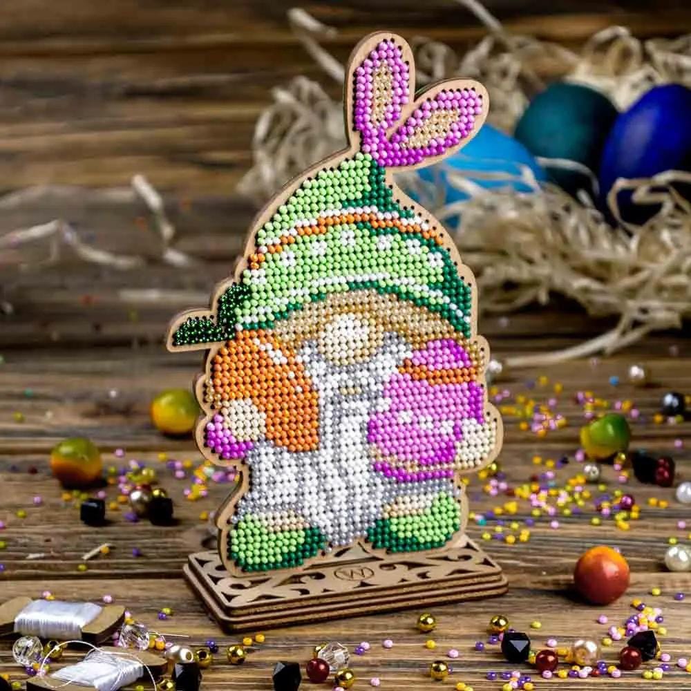 Easter Gnome Bead Embroidery Kit on Wood: DIY Craft (3.6"x5.9")