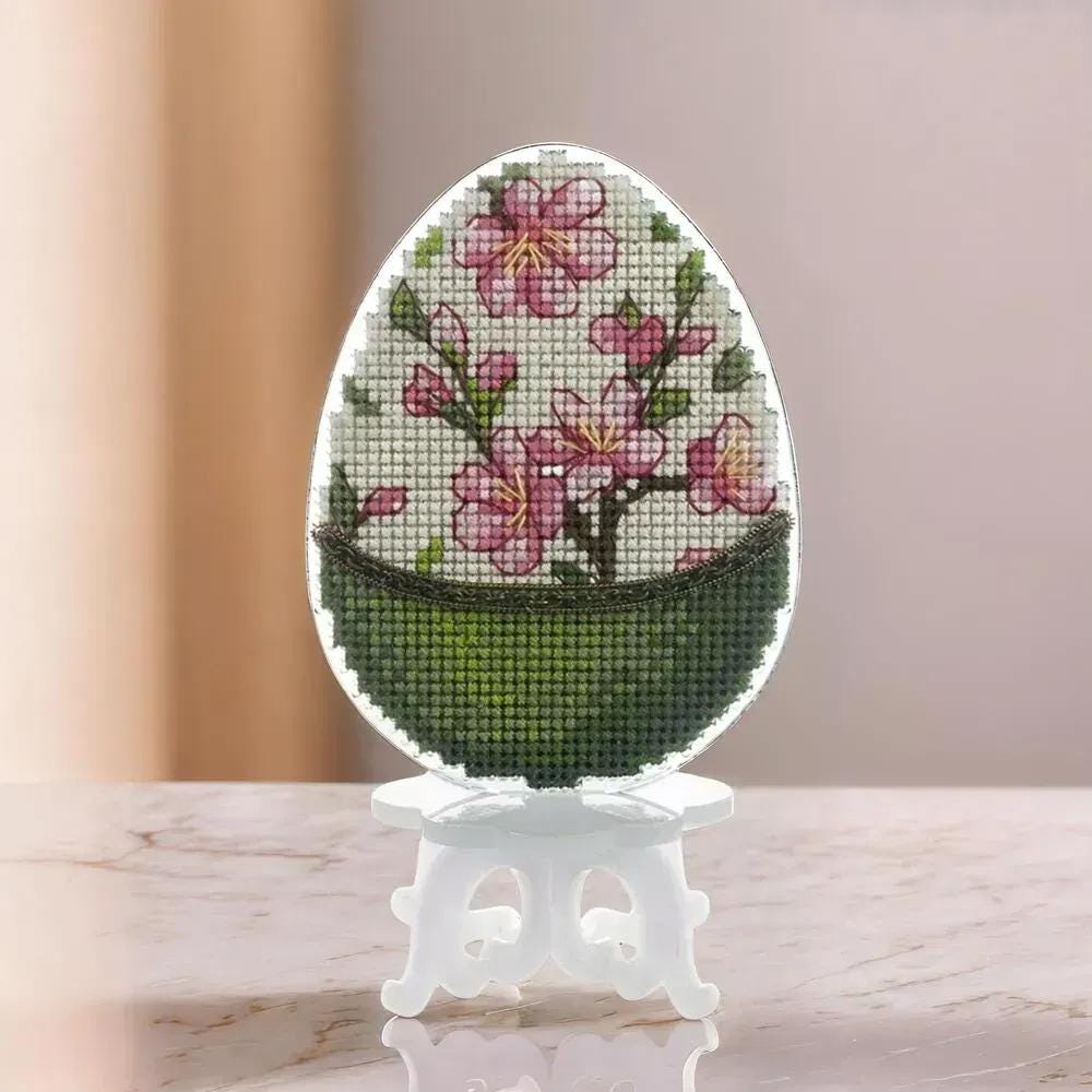 Easter Egg Cross Stitch Kit: Pink Blossom Ornament with Stand
