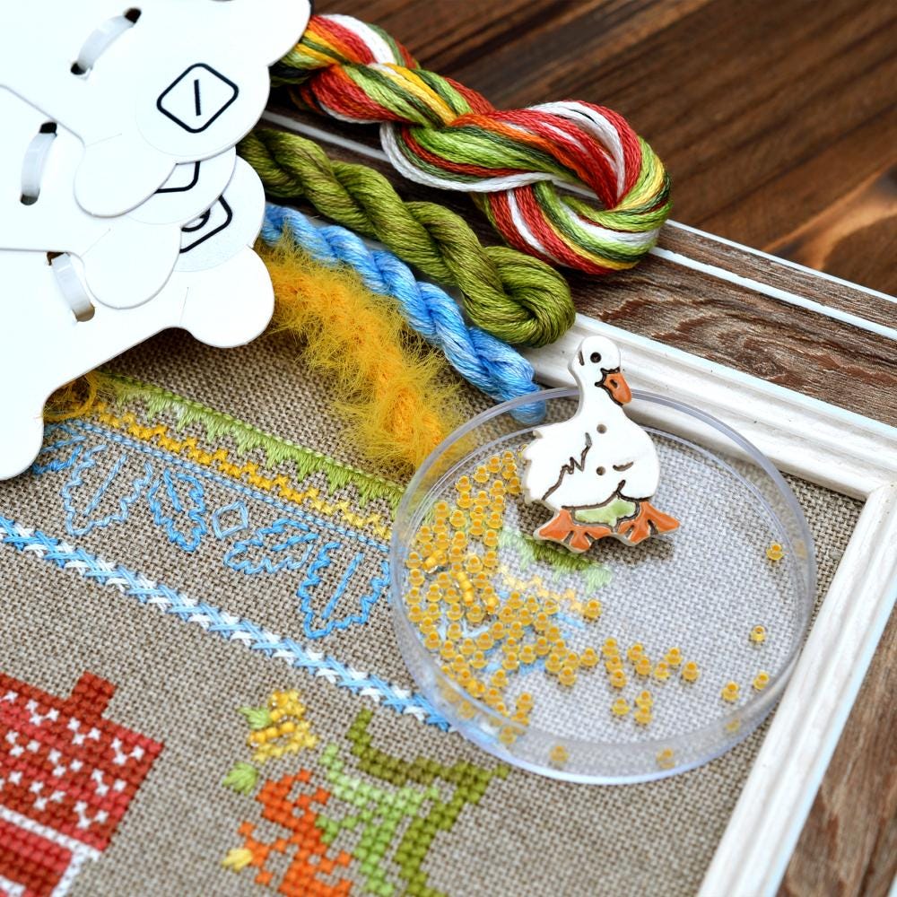 At the Pond Cross Stitch Kit Tela Artis X-029 – Sampler: Hand-Dyed Threads, Linen, Beads