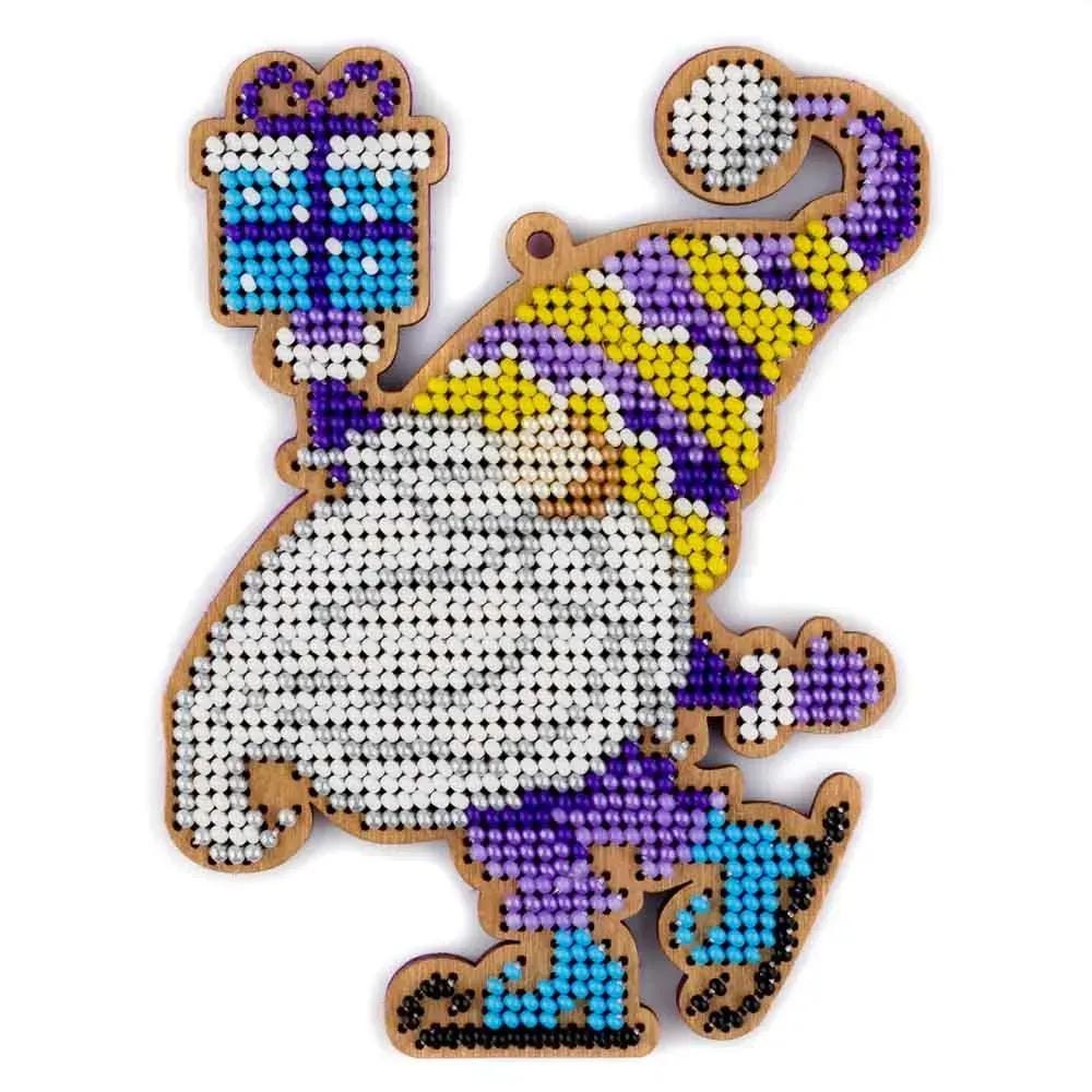 Bead Embroidery Kit Gnome with present on Plywood: DIY Craft (3.5"x4.7")