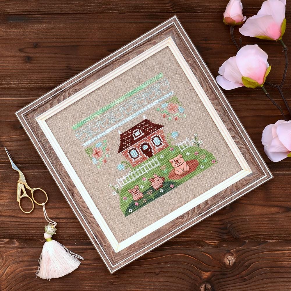 Cross Stitch Sampler Kit In a puddle (Chicken Coop): Hand-Dyed Threads, Linen Embroidery