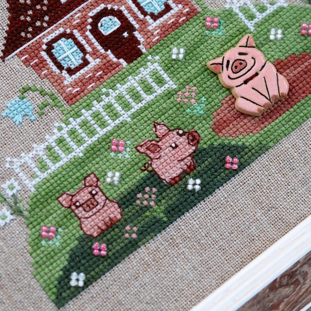 Cross Stitch Sampler Kit In a puddle (Chicken Coop): Hand-Dyed Threads, Linen Embroidery