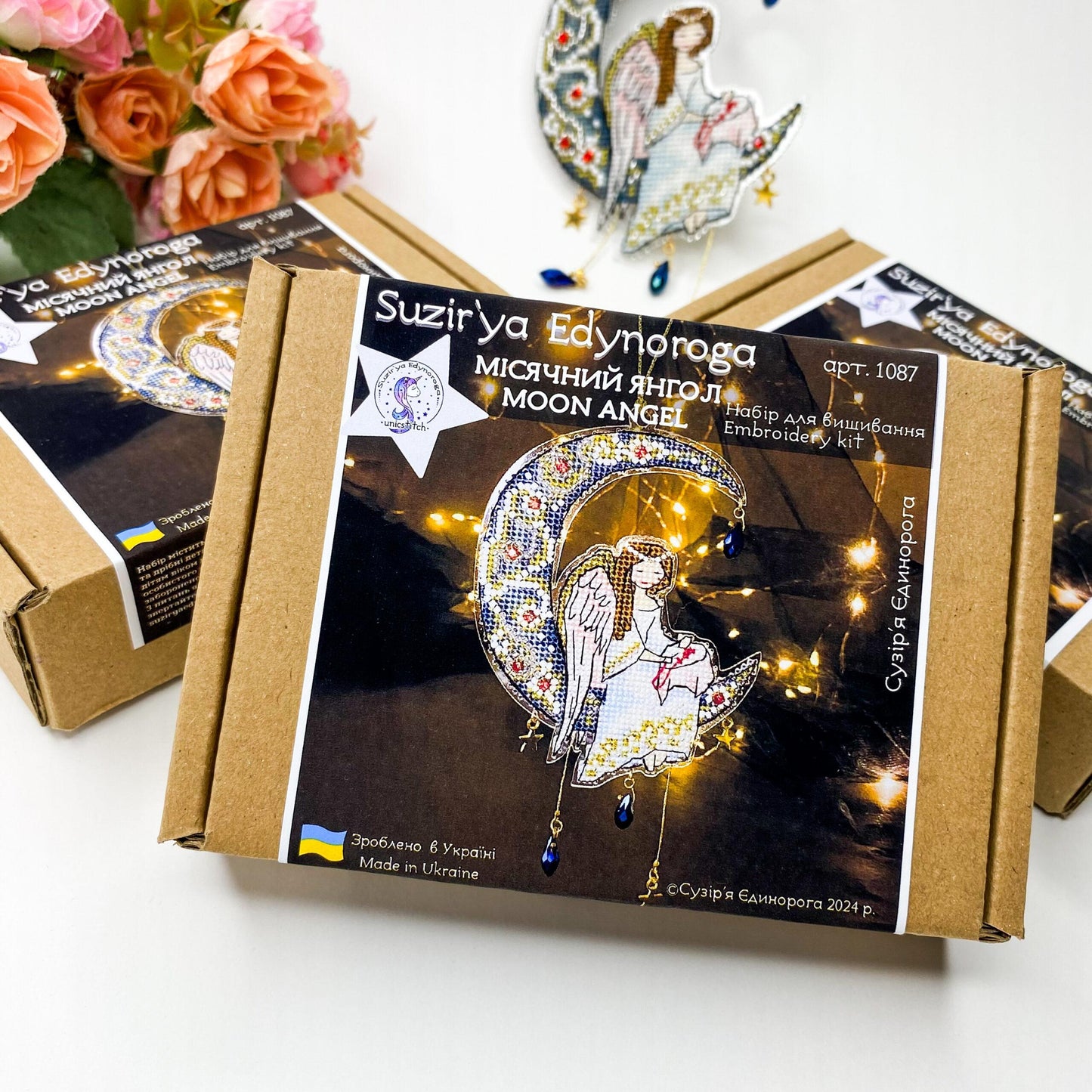 Cross Stitch kit, Moon Angel, threads, beads and decorative crystals.