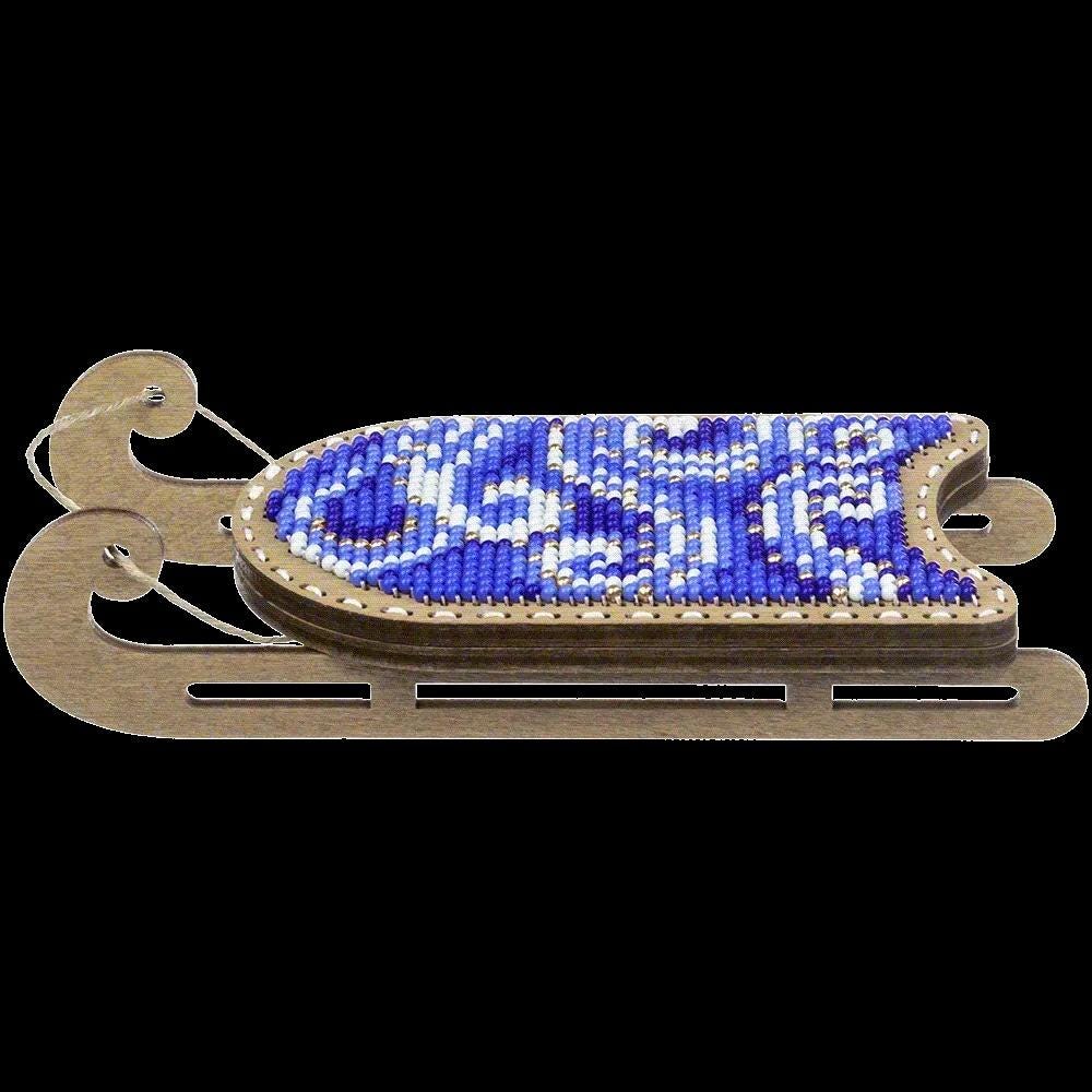 Beads on plywood Stitch kit, Sled with blue ornament, LK-469