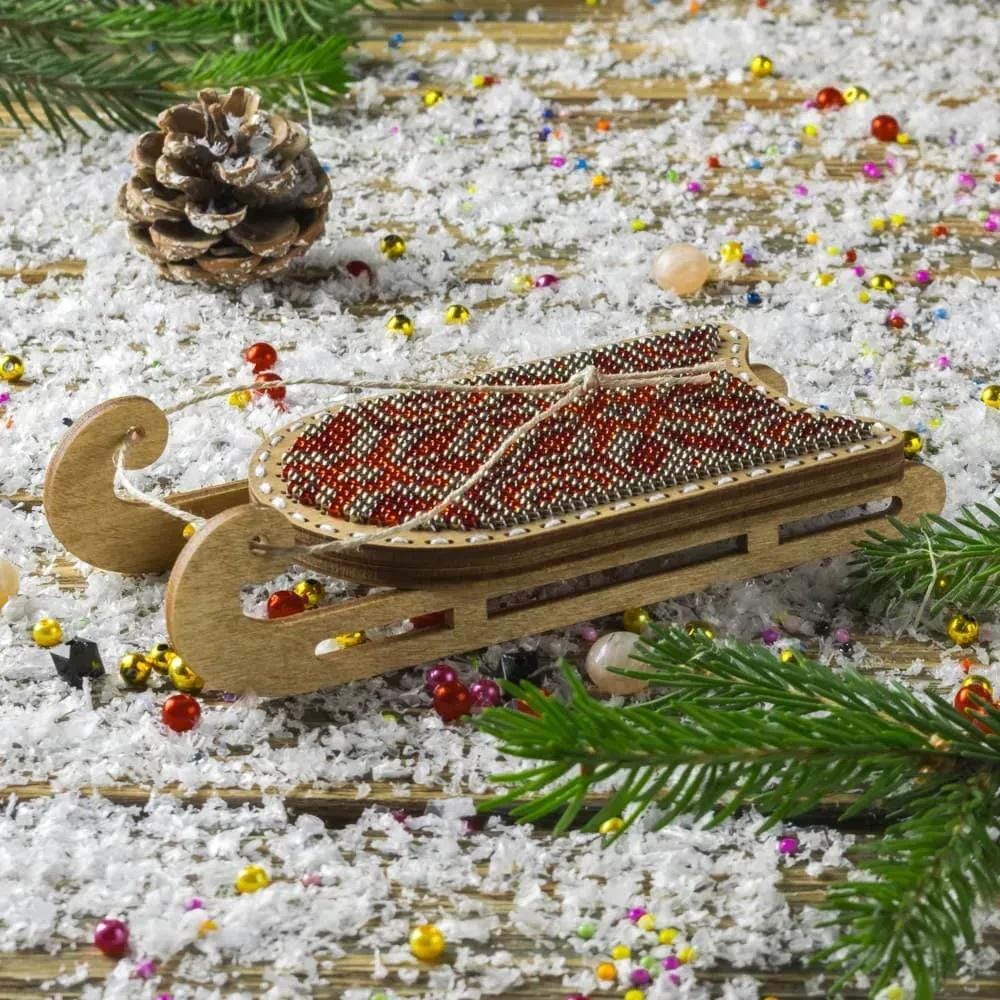Beads on plywood embroidery kit, Sled with red ornament